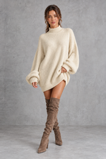 Women's off white oversized turtleneck knit jumper mini dress with long balloon sleeves – front view