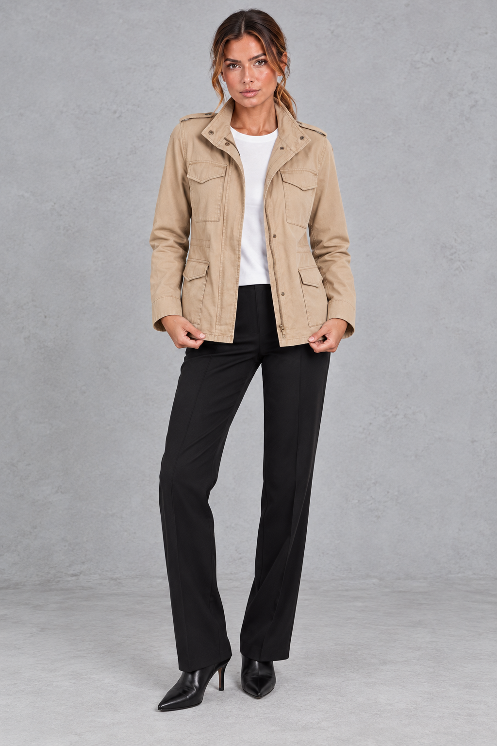 Women's Utility Jacket in Beige – full-length view