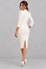 Women’s V-neck midi pencil dress with a lapel-style neckline, high waist, 7/8-length sleeves and a streamlined fitted silhouette.