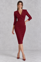 Women’s V-neck midi pencil dress with a lapel-style neckline, high waist, 7/8-length sleeves and a streamlined fitted silhouette.