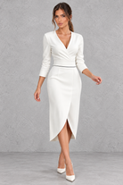 Women’s V-neck midi dress with a sleek slim-fit silhouette, solid-colour finish and elegant statement split detail.