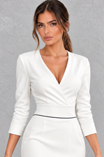 Women’s V-neck midi dress with a sleek slim-fit silhouette, solid-colour finish and elegant statement split detail.