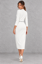 Women’s V-neck midi dress with a sleek slim-fit silhouette, solid-colour finish and elegant statement split detail.
