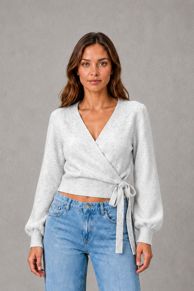 Women’s V-neck wrap knit jumper with long sleeves, crossover front and adjustable tie waist bow.