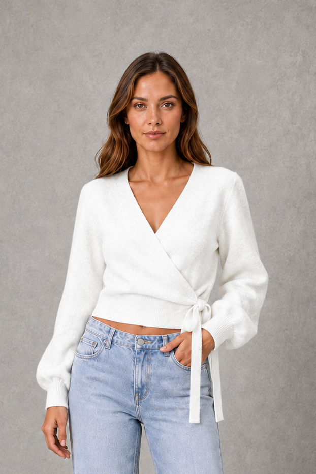 Women’s V-neck wrap knit jumper with long sleeves, crossover front and adjustable tie waist bow.