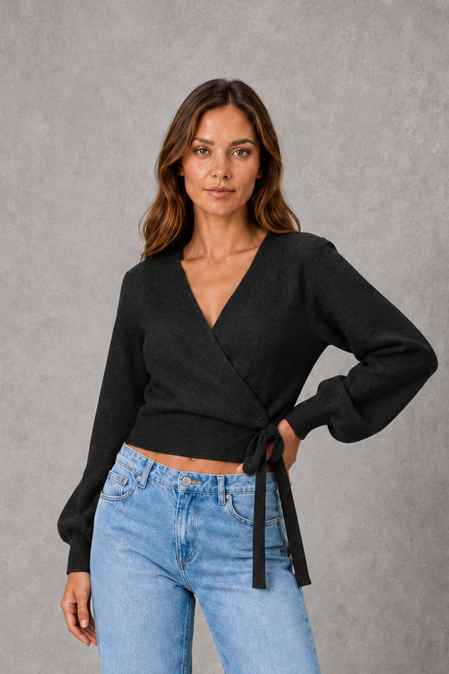Women’s V-neck wrap knit jumper with long sleeves, crossover front and adjustable tie waist bow.