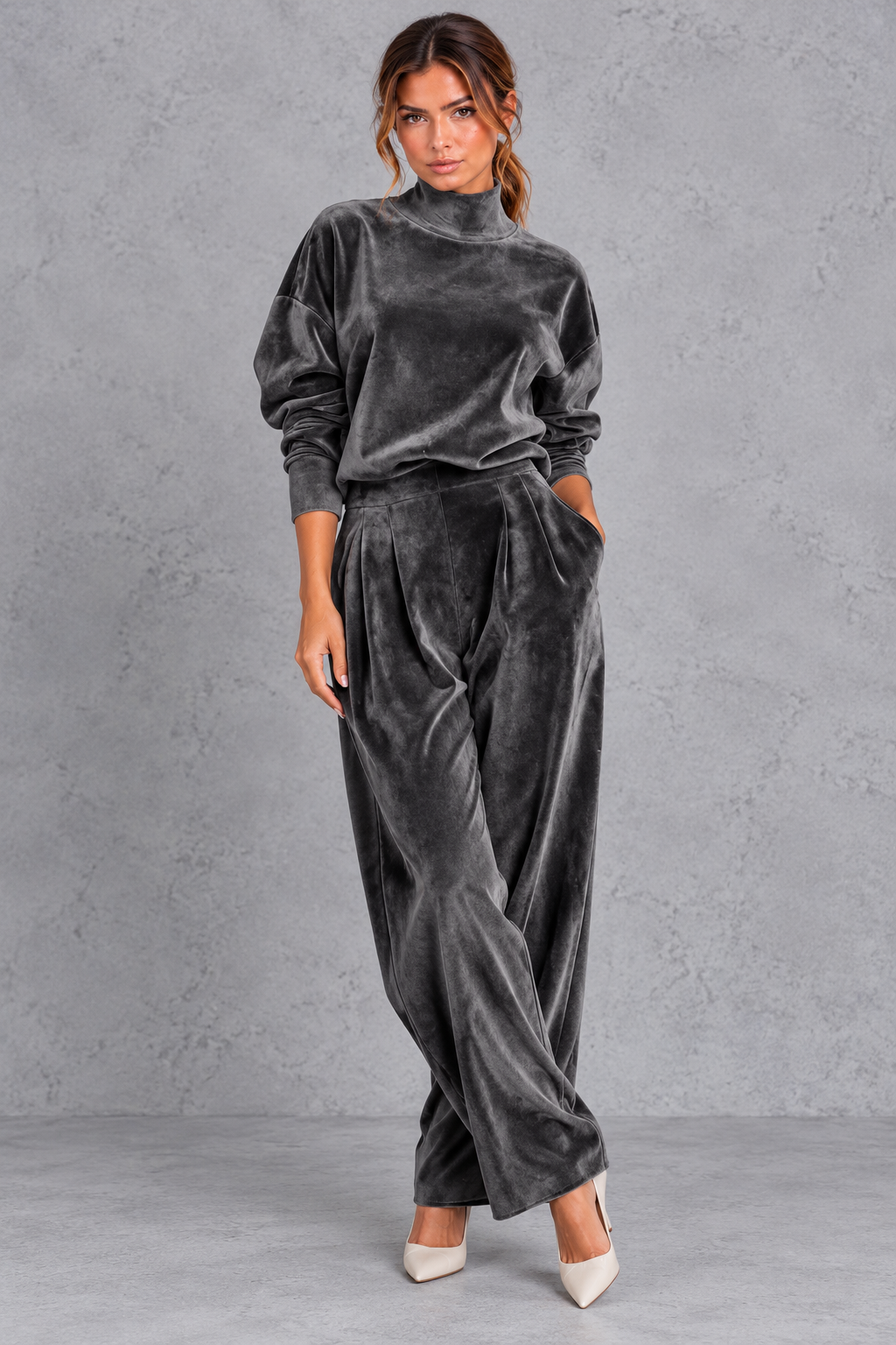 Women's dark grey velvet high neck top and wide leg trouser set – front view