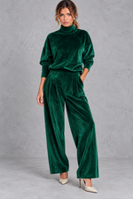 Women's green velvet high neck top and wide leg trouser set – front view