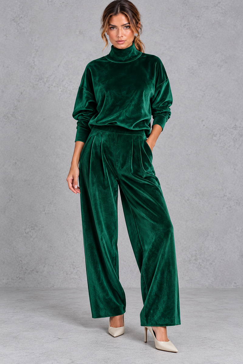 Women's green velvet high neck top and wide leg trouser set – front view