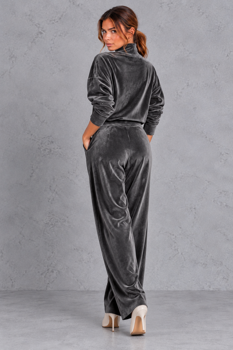 Women's dark grey velvet high neck top and wide leg trouser set – back view
