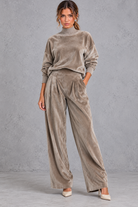 Women's taupe velvet high neck top and wide leg trouser set – front view