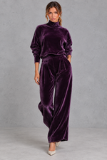 Women's purple velvet high neck top and wide leg trouser set – front view