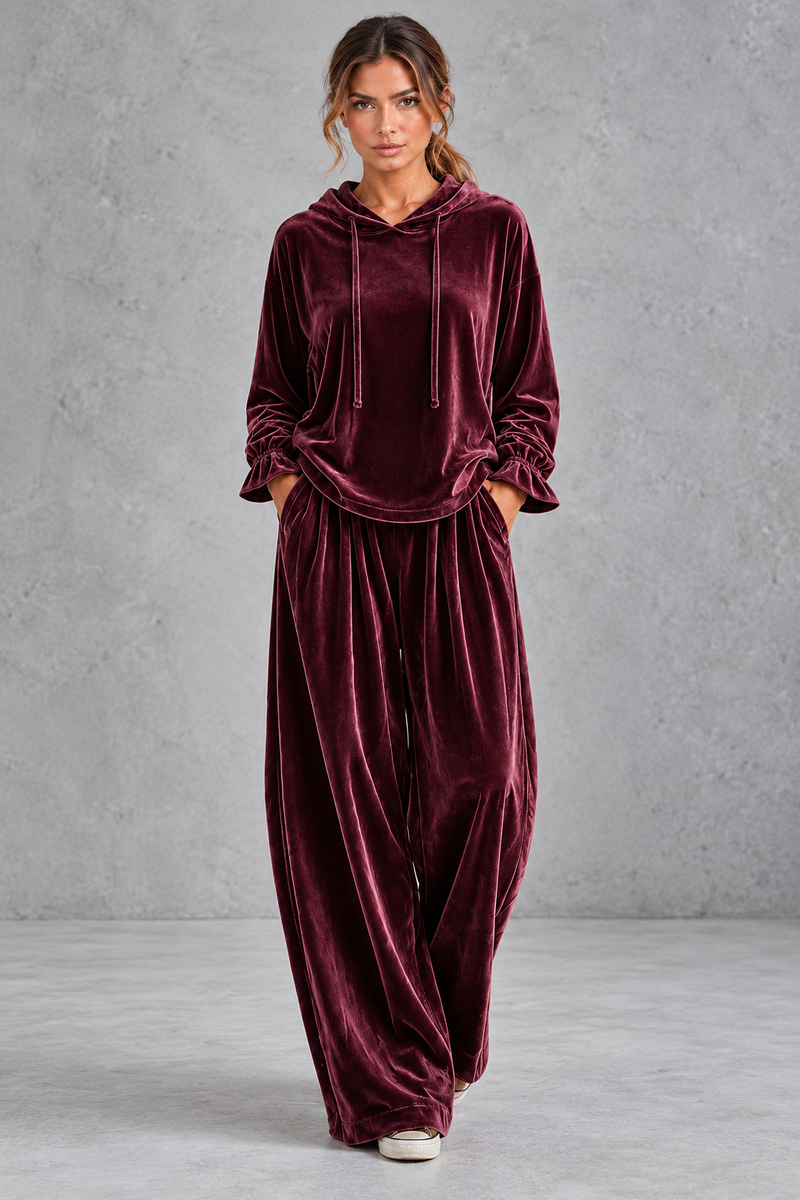 Women's burgundy velvet hoodie and wide leg trouser set – front view