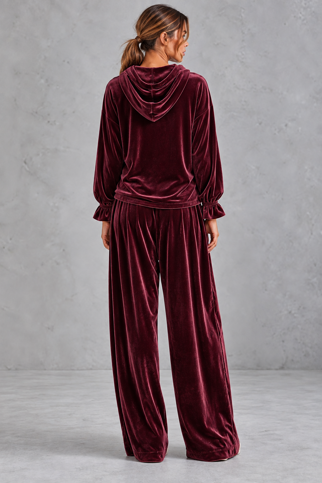 Women's burgundy velvet hoodie and wide leg trouser set – back view