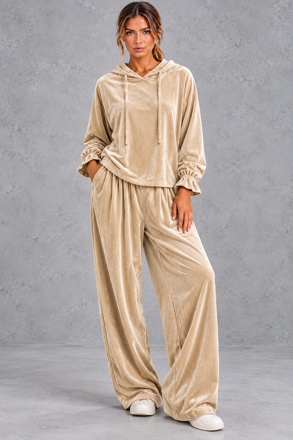 Women's beige velvet hoodie and wide leg trouser set – front view