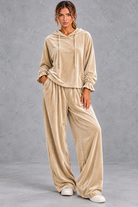 Women's beige velvet hoodie and wide leg trouser set – front view