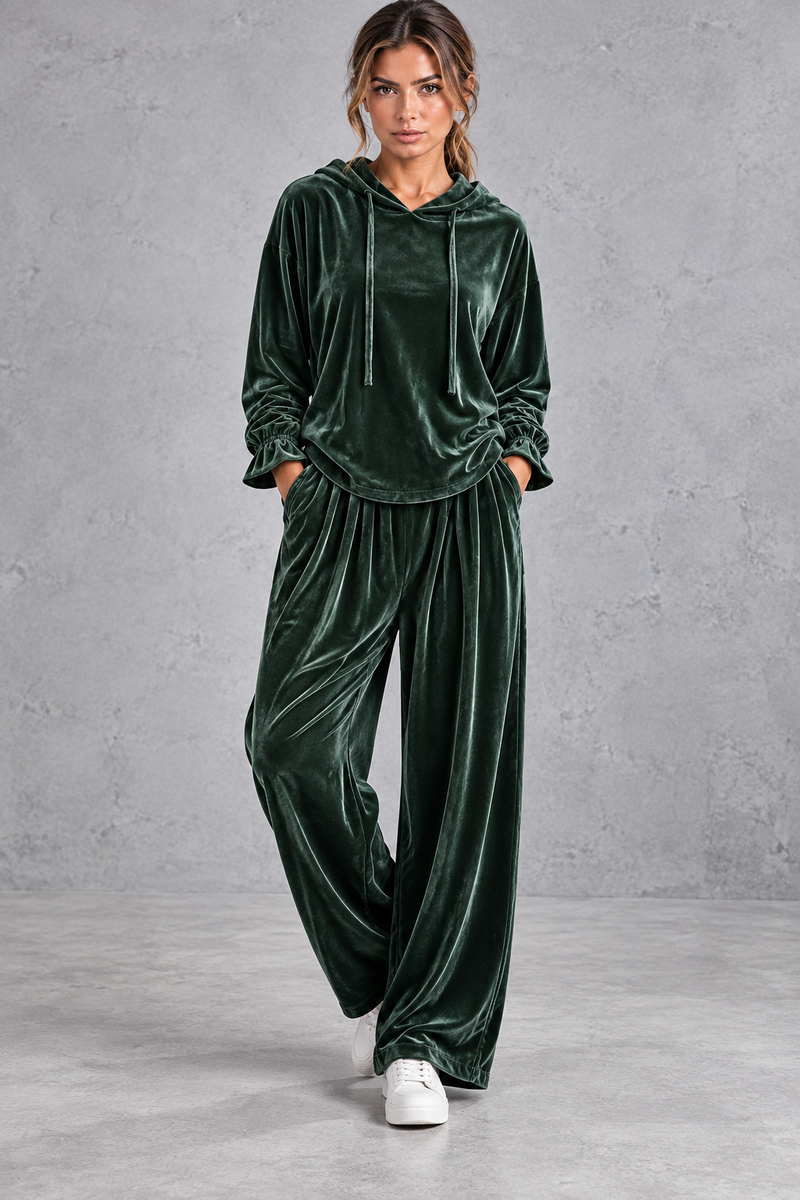 Women's dark green velvet hoodie and wide leg trouser set – front view