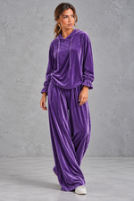 Women's purple velvet hoodie and wide leg trouser set – front view