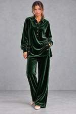 Women's green velvet collared shirt and wide leg trouser set – front view