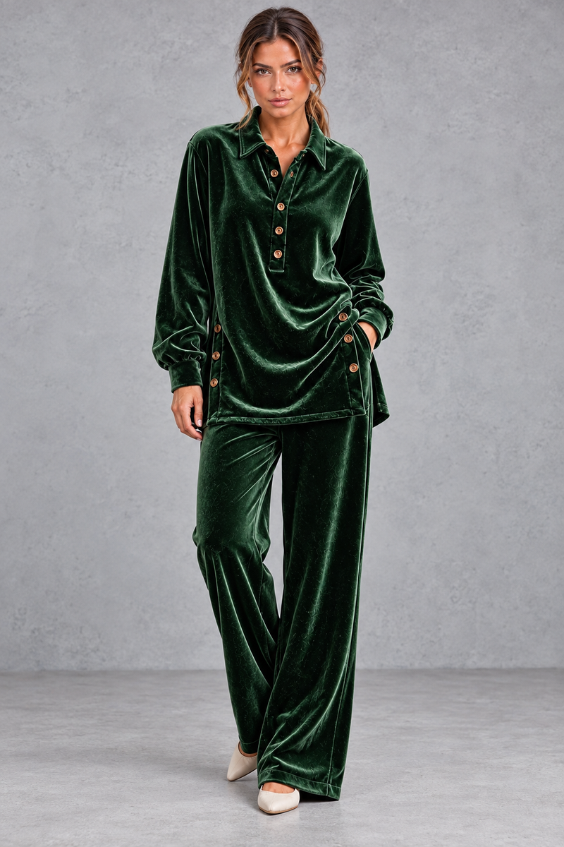 Women's green velvet collared shirt and wide leg trouser set – front view