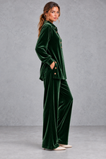 Women's green velvet collared shirt and wide leg trouser set – side view