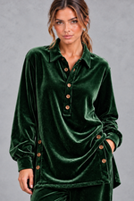 Women's green velvet collared shirt – close-up of half-button placket and side slit buttons