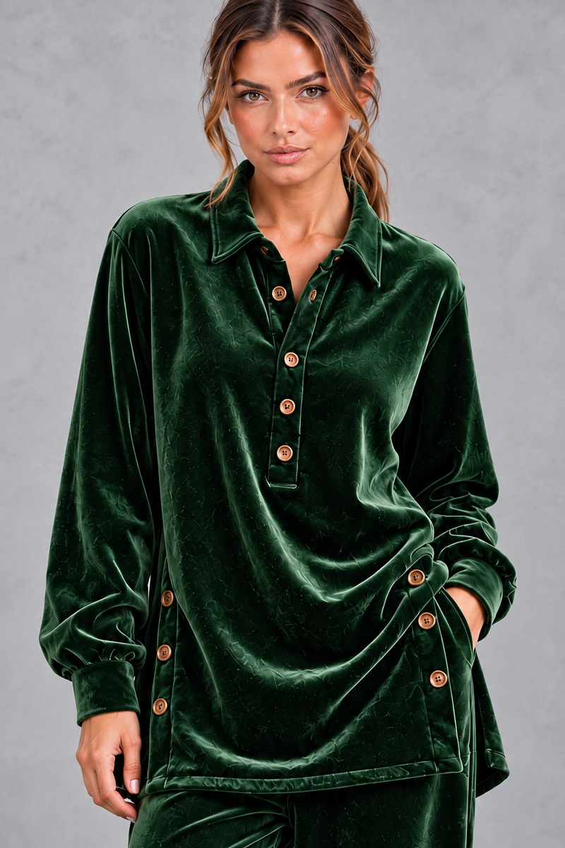 Women's green velvet collared shirt – close-up of half-button placket and side slit buttons
