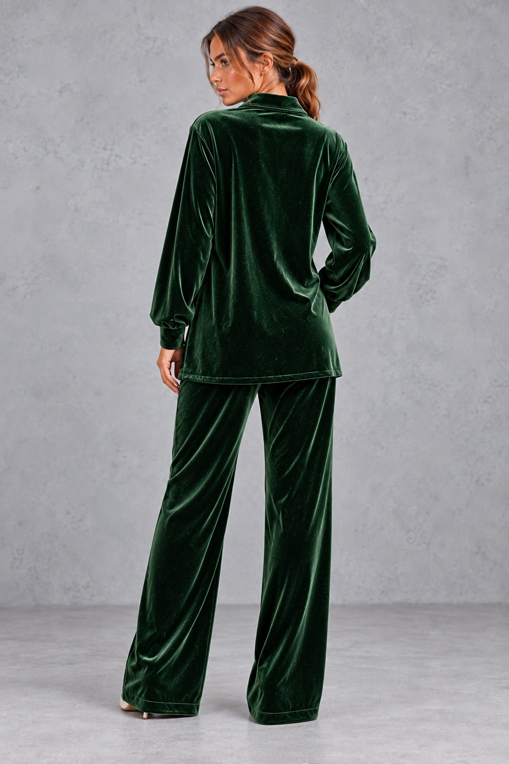 Women's green velvet collared shirt and wide leg trouser set – back view