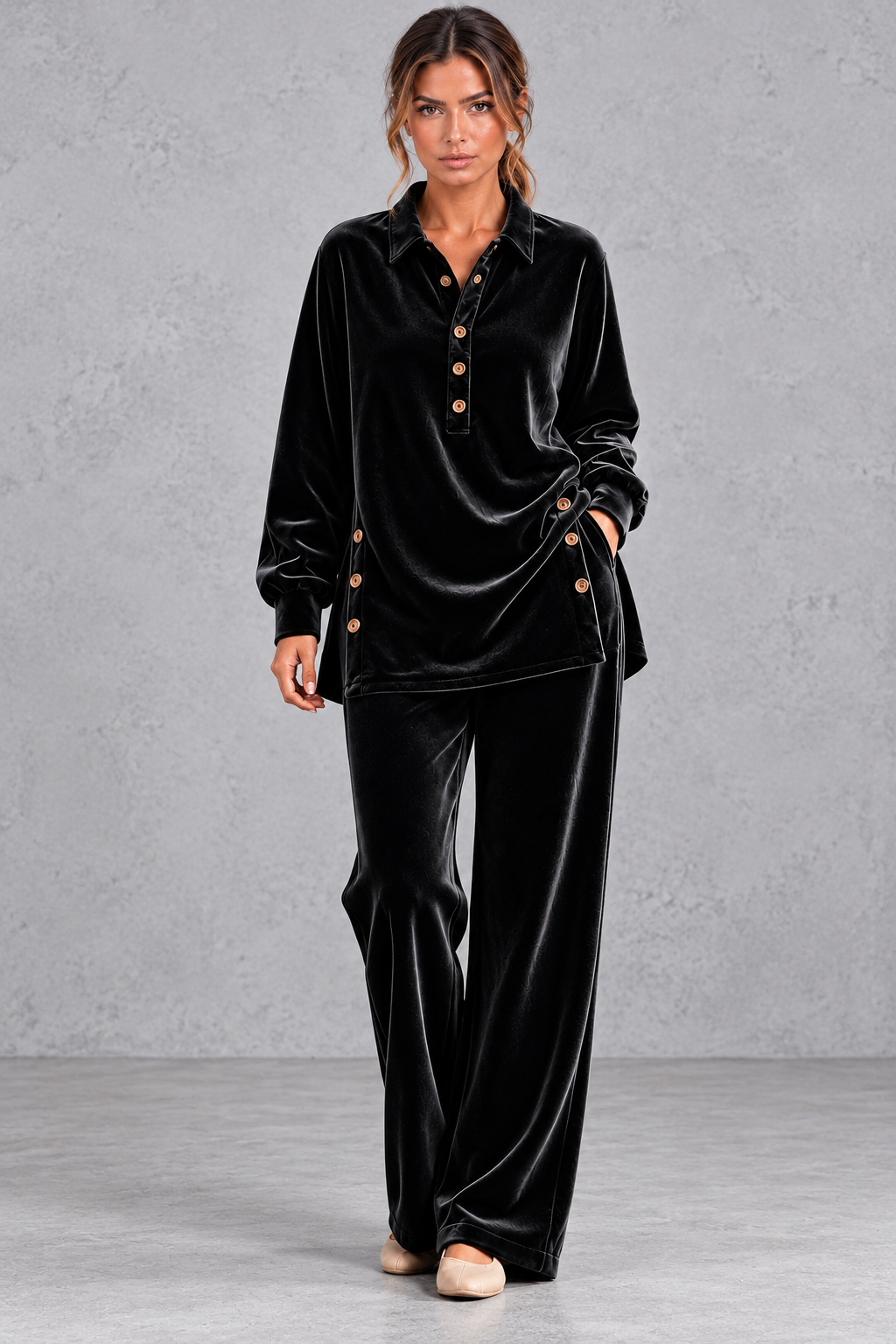 Women's black velvet collared shirt and wide leg trouser set – front view