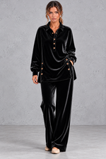 Women's black velvet collared shirt and wide leg trouser set – front view