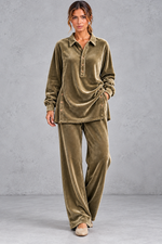 Women's khaki velvet collared shirt and wide leg trouser set – front view