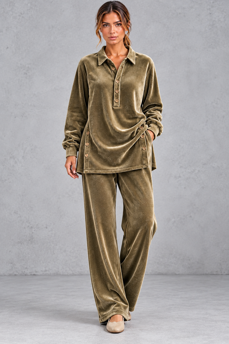 Women's khaki velvet collared shirt and wide leg trouser set – front view