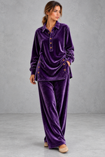 Women's purple velvet collared shirt and wide leg trouser set – front view