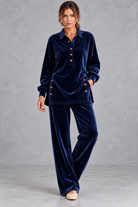 Women's navy blue velvet collared shirt and wide leg trouser set – front view