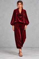 Women's wine velvet cowl neck top and harem trouser set – front view