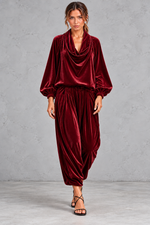 Women's wine velvet cowl neck top and harem trouser set – front view