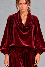 Women's wine velvet cowl neck top – close-up of draped neckline and balloon sleeves