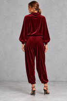 Women's wine velvet cowl neck top and harem trouser set – back view