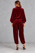 Women's wine velvet cowl neck top and harem trouser set – back view