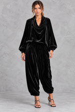 Women's black velvet cowl neck top and harem trouser set – front view