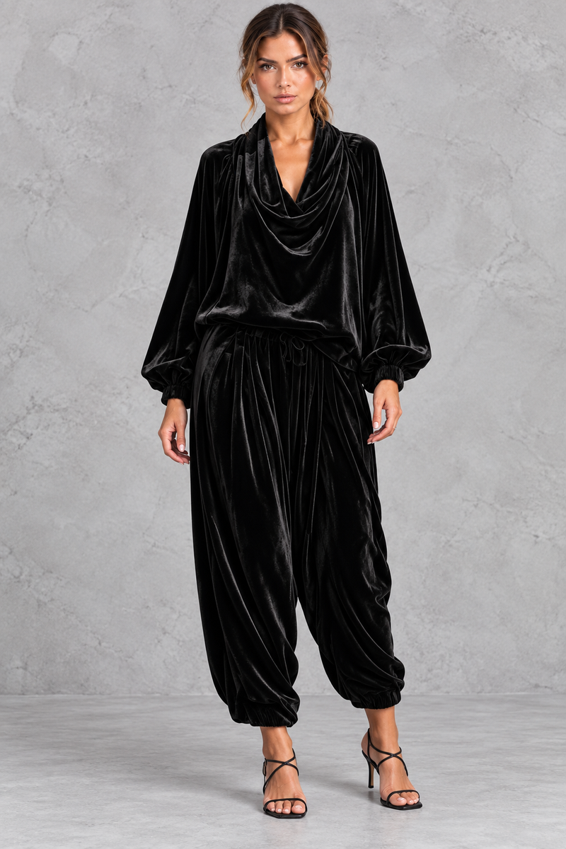 Women's black velvet cowl neck top and harem trouser set – front view