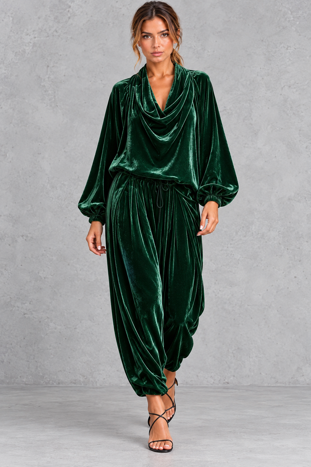 Women's dark green velvet cowl neck top and harem trouser set – front view