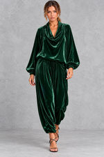 Women's dark green velvet cowl neck top and harem trouser set – front view