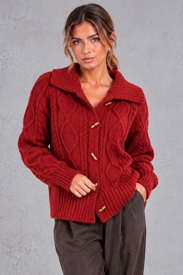 Women's red chunky cable knit cardigan with wide collar – front view