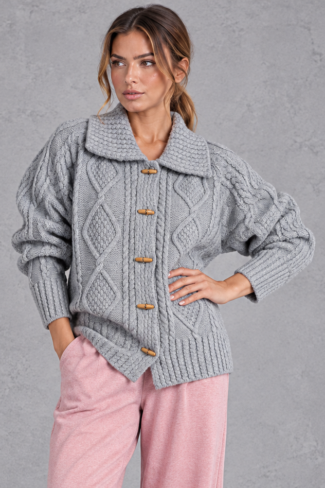 Women's grey chunky cable knit cardigan with wide collar – front view