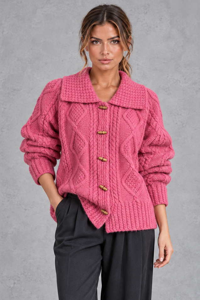 Women's rose chunky cable knit cardigan with wide collar – front view