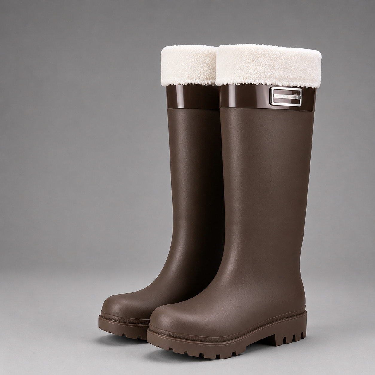 Women's waterproof fleece-lined winter rain boots with a high Wellington design, fully waterproof PVC construction, non-slip deep tread outsole and warm plush fleece lining, ideal for walking, gardening, commuting and outdoor winter activities.