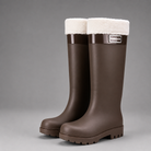 Women's waterproof fleece-lined winter rain boots with a high Wellington design, fully waterproof PVC construction, non-slip deep tread outsole and warm plush fleece lining, ideal for walking, gardening, commuting and outdoor winter activities.