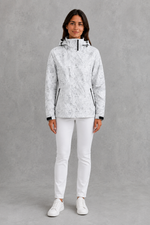 Women’s waterproof leaf print jacket with a protective hood, adjustable drawstring waist and lightweight design for rainy and changeable weather.