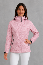 Women’s waterproof leaf print jacket with a protective hood, adjustable drawstring waist and lightweight design for rainy and changeable weather.